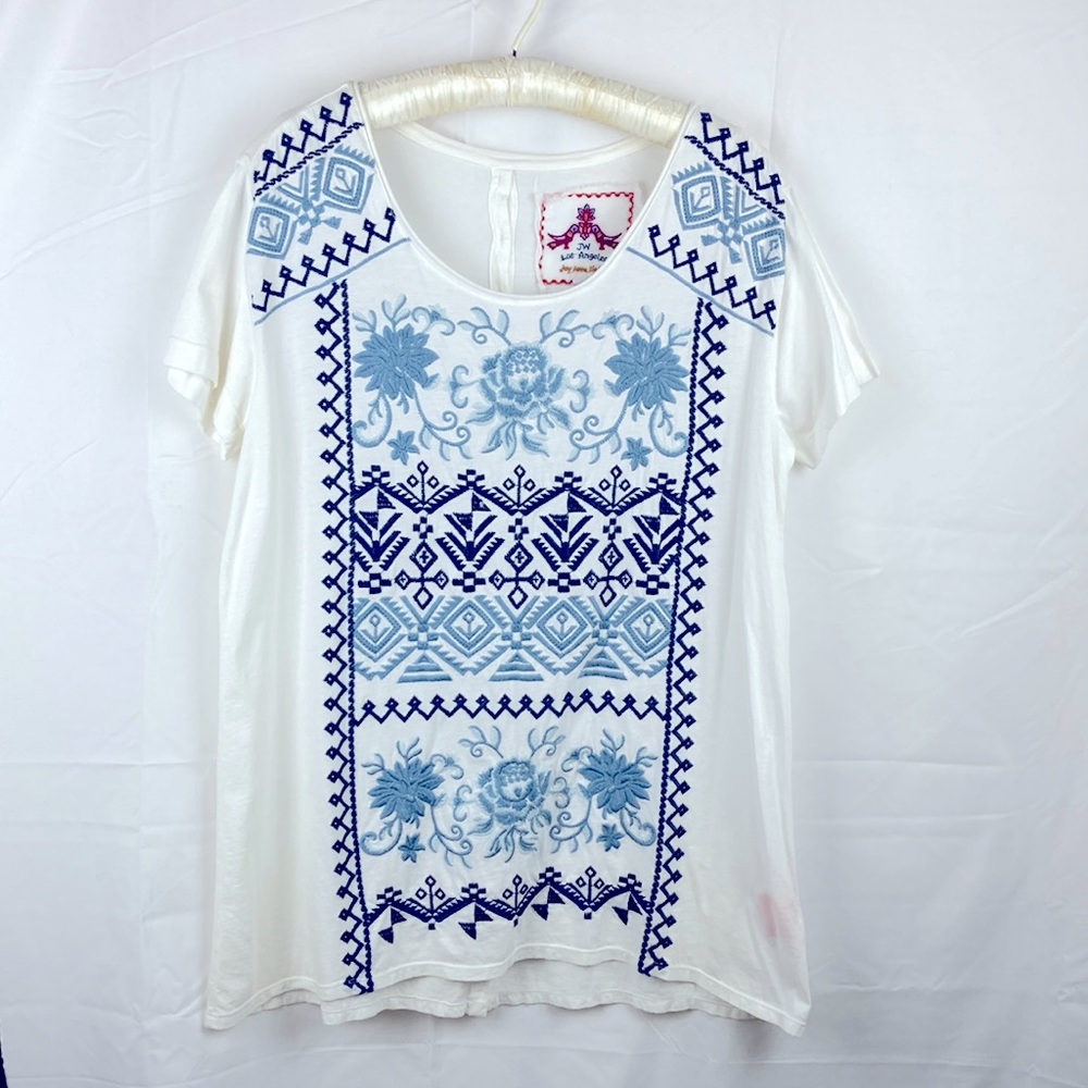 Johnny Was Embroidered Tee - Blue on White, Tunic Length Button Back
